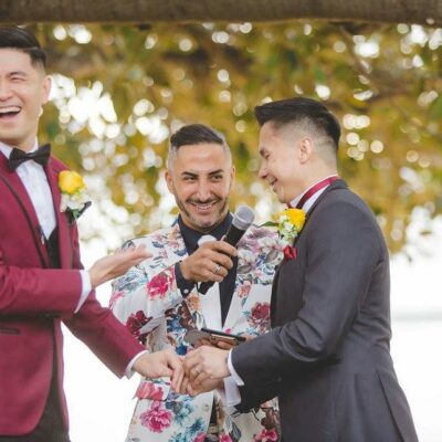 Fun wedding vows bright suits wedding