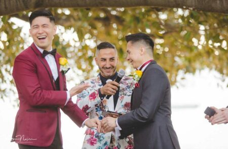 Fun wedding vows bright suits wedding