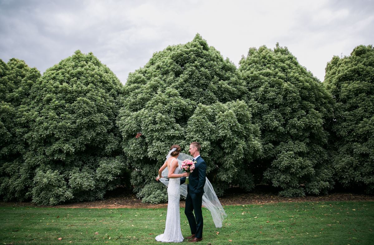 BRIDE AND groom with foliage