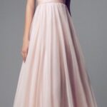 A blush-coloured, off-the-shoulder gown from Pronovias.