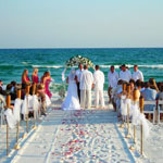 wedding couple just married at the beach