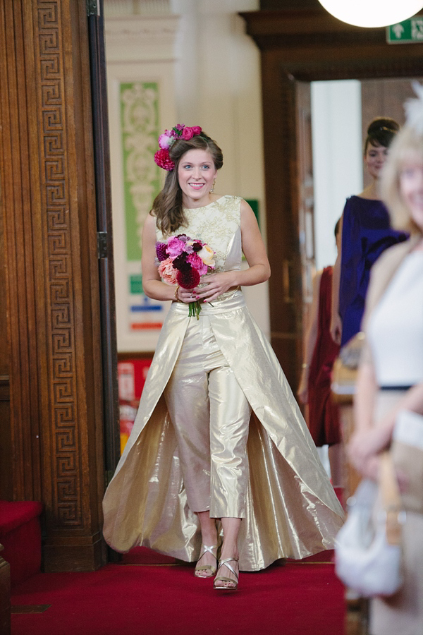 Golden wedding gown with trousers. Image: CAmilla Arnhold Photography