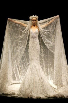 wedding dress with a huge veil