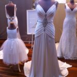 A close of Alphia, one of Baccini and Hill's Grecian-inspired gowns, with its art deco-inspired motif. (At The Ultimate Bridal Event)
