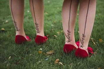 embroidered stockings and red shoes