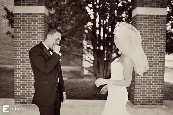 Chris'reaction upon first seeing his bride Melanie is absolutely priceless! Image: Elario Photography