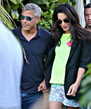 George Clooney and fiancee Amal Alamuddin celebrating their engagement in Malibu. Image: GHB/X17online.com