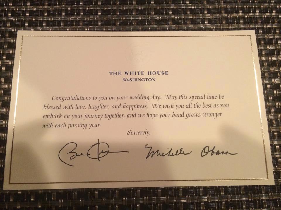 Barack and Michelle Obama's response to a wedding invitation. Image: Gando702 via Reddit