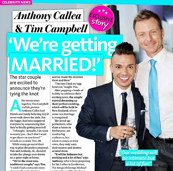 Anthony Callea and Tim Campbell are engaged. Callea shared the news - and this image on his Image: Woman's Day