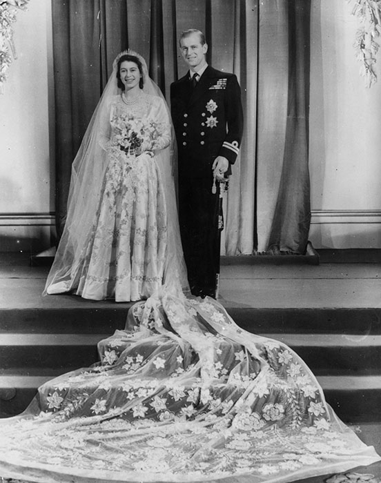 Queen Elizabeth as a blushing bride, hours after marrying Prince Philip of Greece and Denmark on November 20, 1947