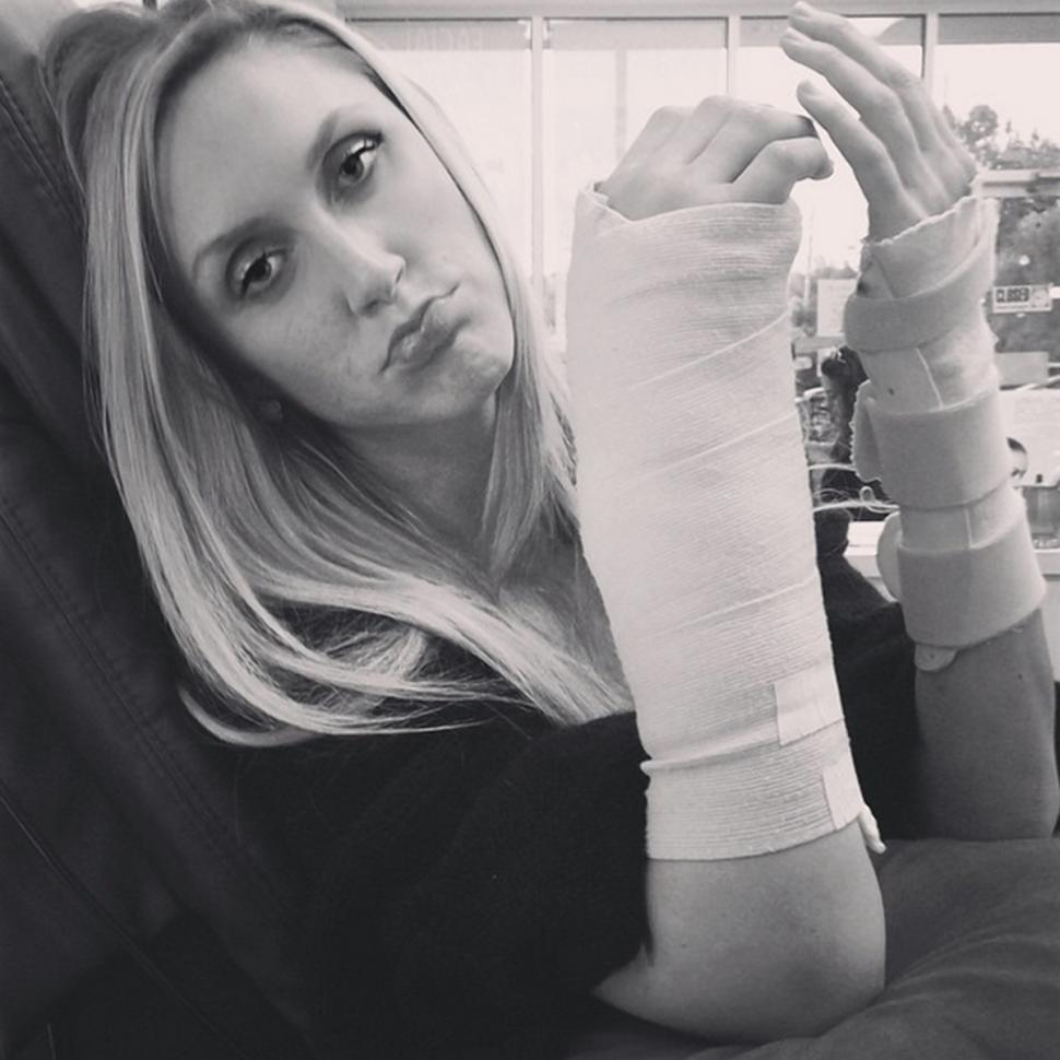 Bride Lara Yunaska sports two broken wrists after a riding injury. Image: Lara Yunaska via Instagram