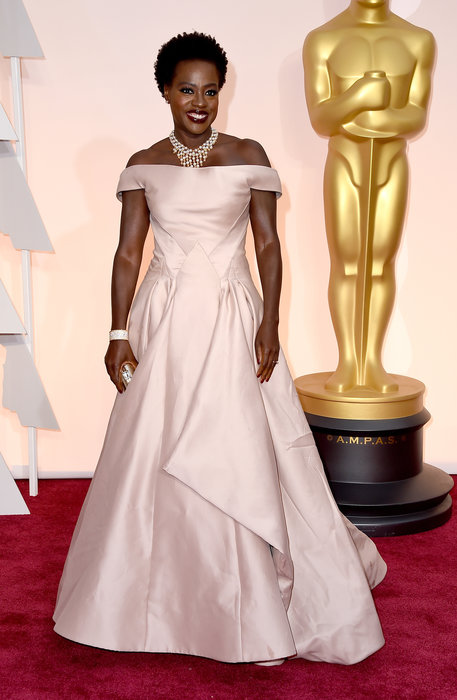 Viola Davis' elegant pale pink Zac Posen Oscars gown was most wedding worthy, especially paired with traditional pearls. Images: Academy of Motion Picture Arts and Sciences/Getty Images