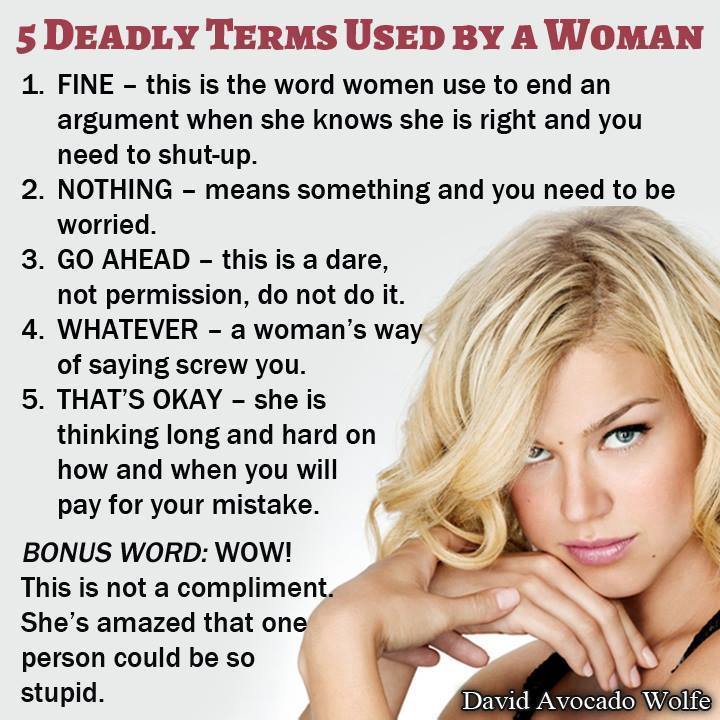 5 Deadly Terms Used By A Woman: 1. Fine: This is the word women