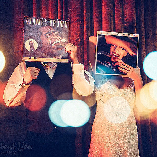 Bride and groom Adrienne and Brian 's vintage-inspired wedding had to have the odd sleeveface shot! Image: All About You Photography