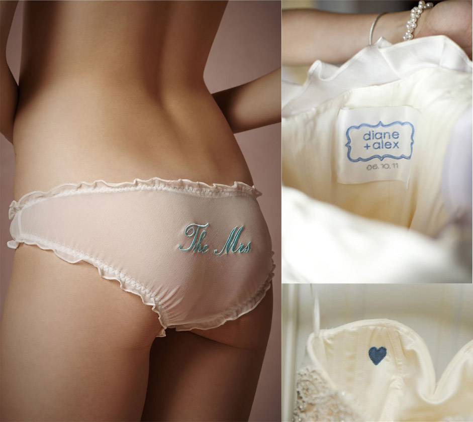 Underwear: BHLDN; Personalised dress label: Caroline Tran; Blue fabric heart: Beacon Hill Photography