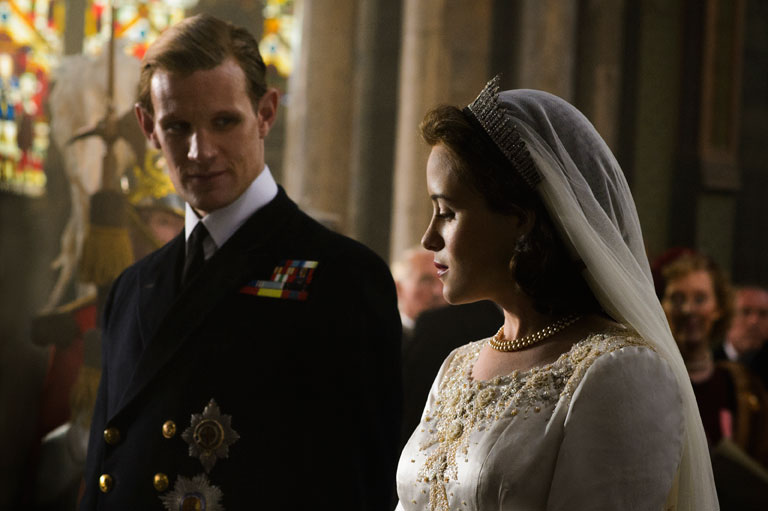 Claire Foy as Queen Elizabeth II and Matt Smith as Prince Phillip on the couple's wedding day. Image: Netflix