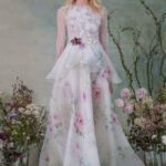 Elizabeth Fillmore Bridal Collection Autumn 2015 Pink Floral Headdress and Slim Ivory Wedding Gown