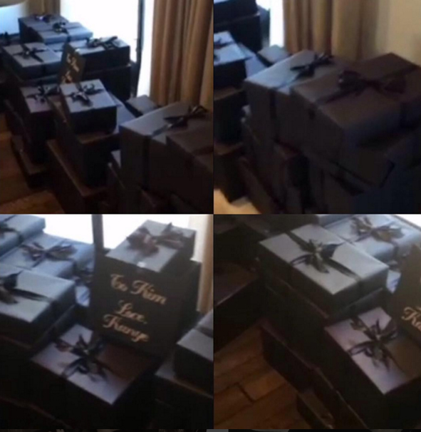 Just a small selection of Kim’s mountain of Christmas presents from her husband Kanye West. Image: TeamKimye via Twitter