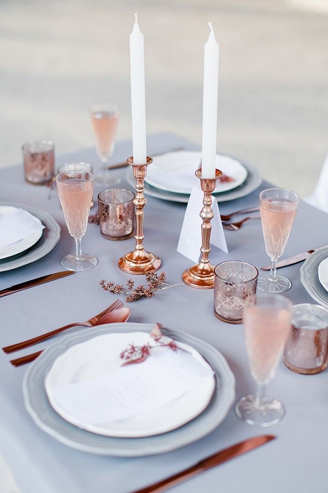 Rose Quartz and Serenity table setting. Image Hilal and Moses