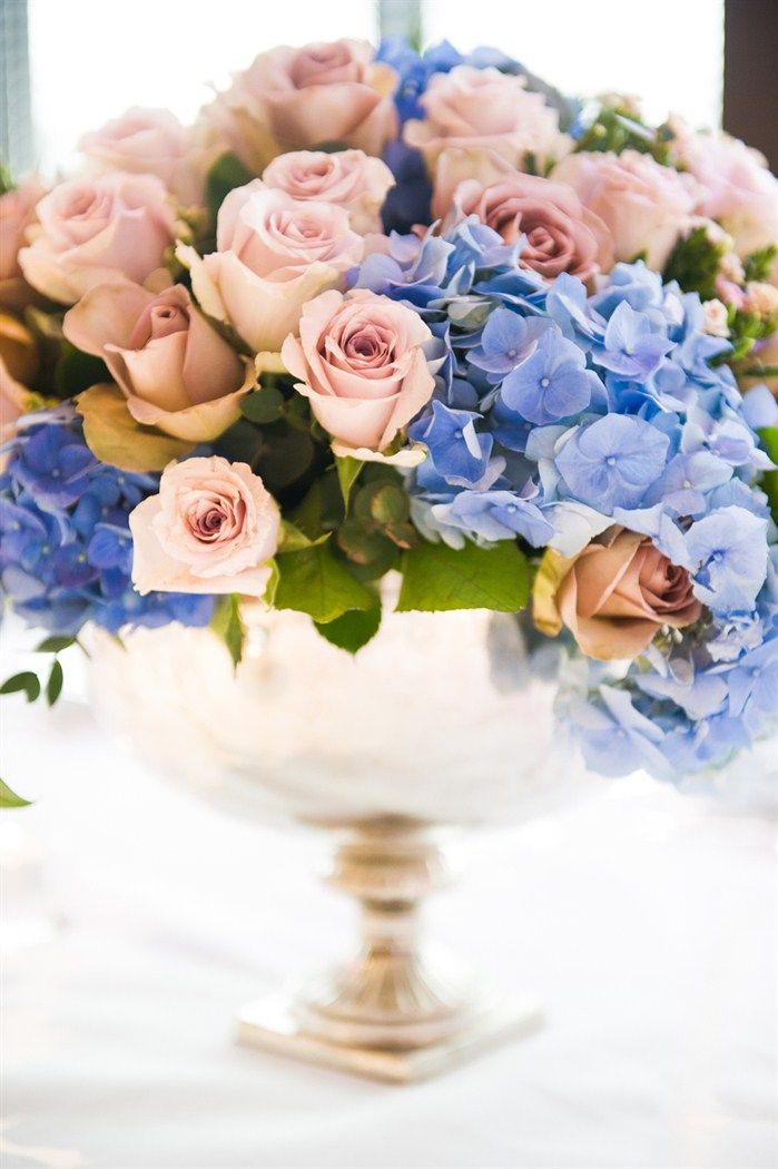 Rose Quartz roses and Serenity hydrangeas make an exquisite centrepiece or floral display. Image: Sarah Haywood