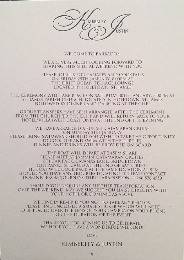 Kimberley and Justin's wedding notice. Image Daily Mail