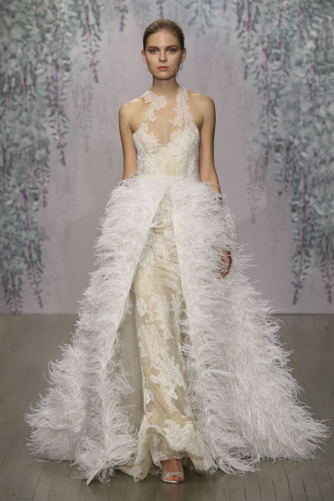 Monique Lhullier detacheble wedding dress with feather skirt 