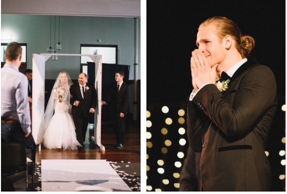 Groom seeing wedding dress sale