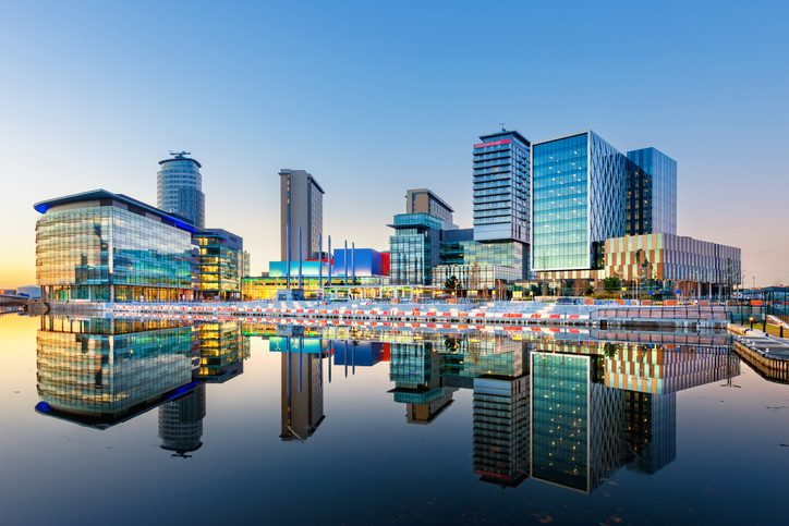 office buildings and apartments in the Salford Quays area of Manchester, England, United Kingdom.