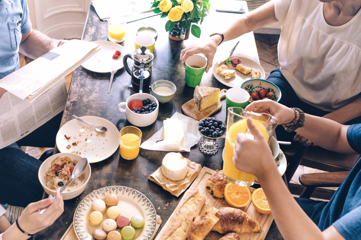 high angle view on french family breakfast table