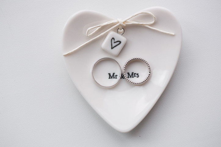 Two wedding rings on a white background.. Mr. and Mrs