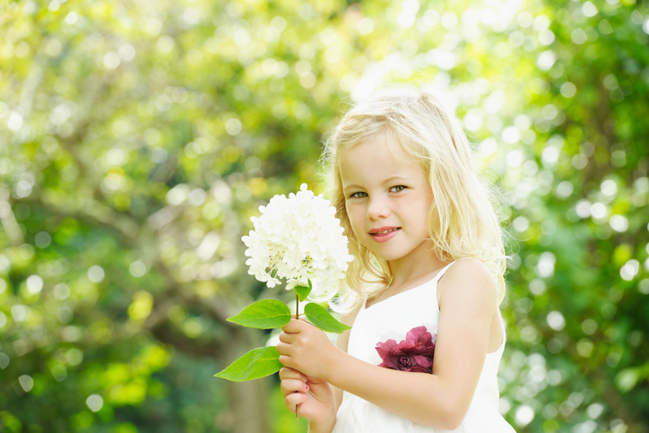 Close-up Of  Cute Caucasian Little Girl/ Bridesmaid In The Garden