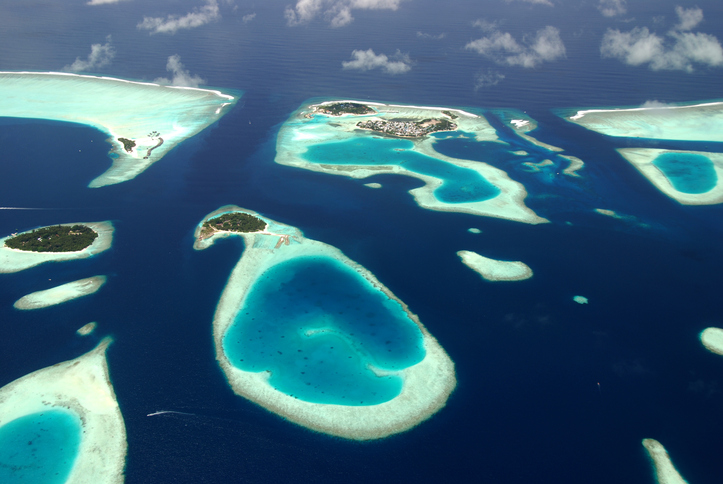 Panoramic view of Maldives islands from sea plane