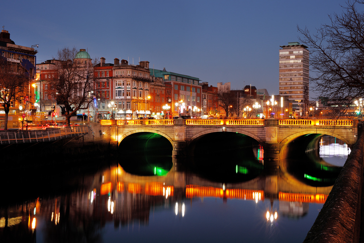 Night view of the O'Connell Bridge and the north banks of the river Liffey in Dublin City Centre, it was built between 1791 and 1794