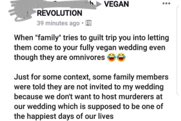 non-vegan wedding guests uninvited by bride