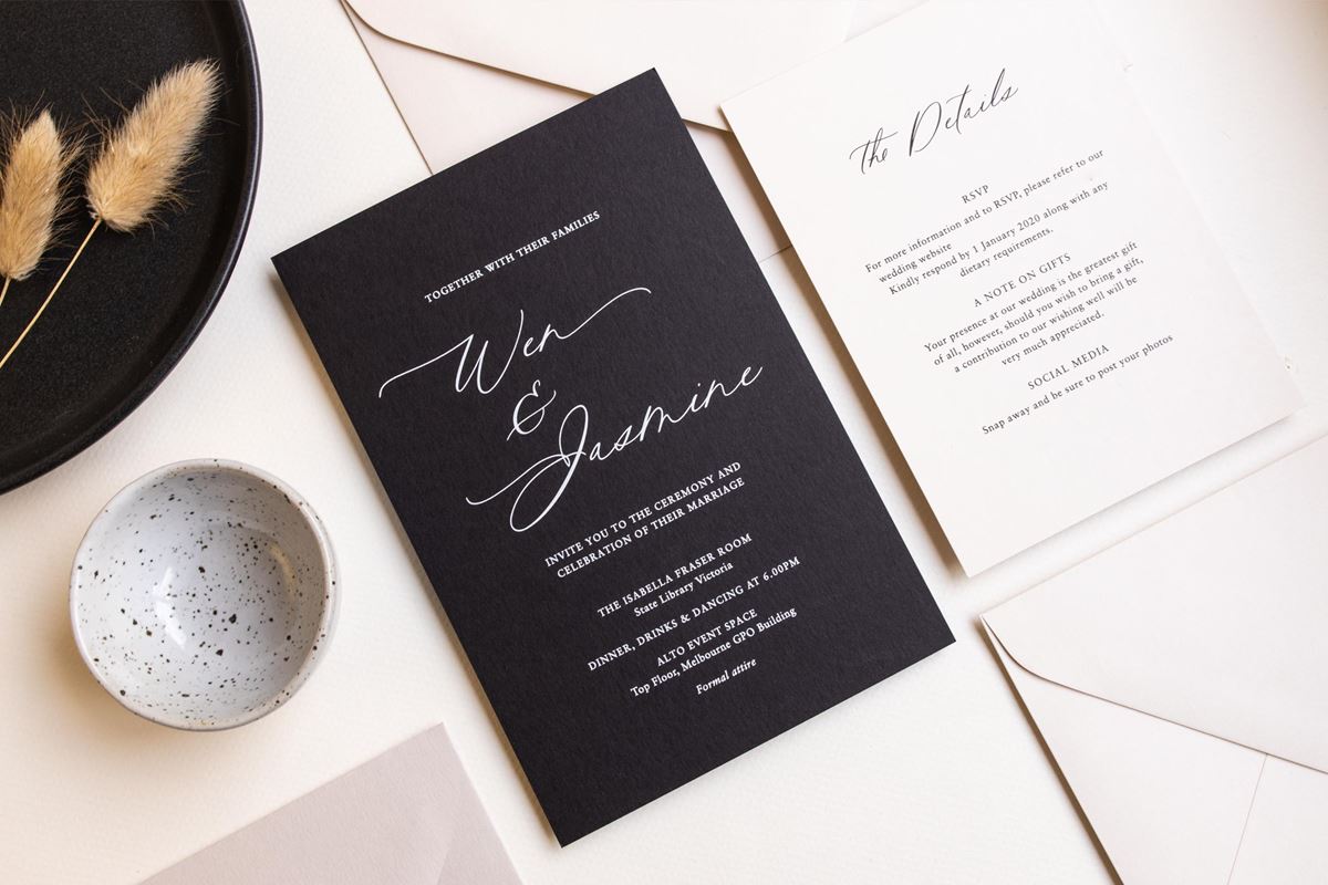 Peppermint Press Wedding Invitations Black Cream Calligraphy Modern