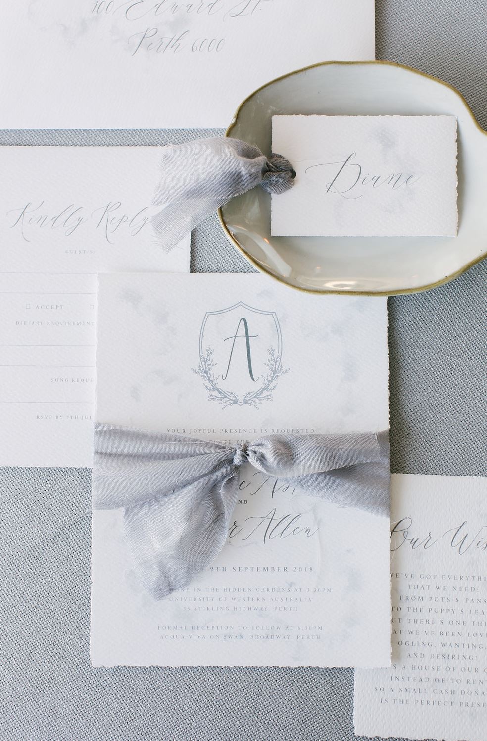 White grey wedding invitations calligraphy by Lala Designs