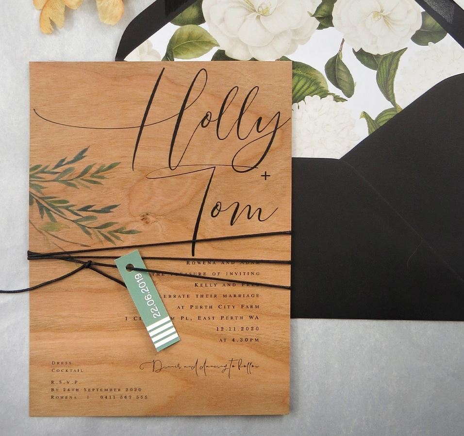 Wedding Invitation Printed on Wood Lily Kiss Invitations