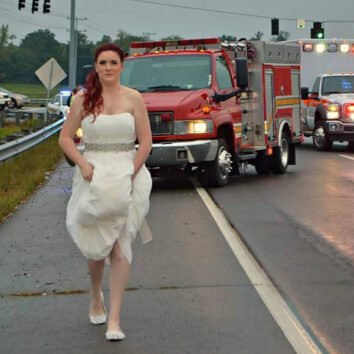 The bride, paramedic Sarah Ray, at the scene of a car crash on her wedding day