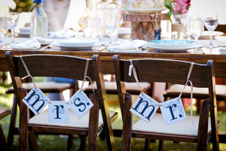 Rustic wedding place setting with signs.
