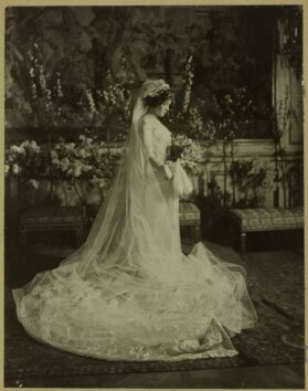This is Lady Helen Decies, granddaughter of the infamous American railroad tycoon and speculator Jay Gould, on her wedding day to John Beresford, the fifth Baron Decies.  Year: 1911.