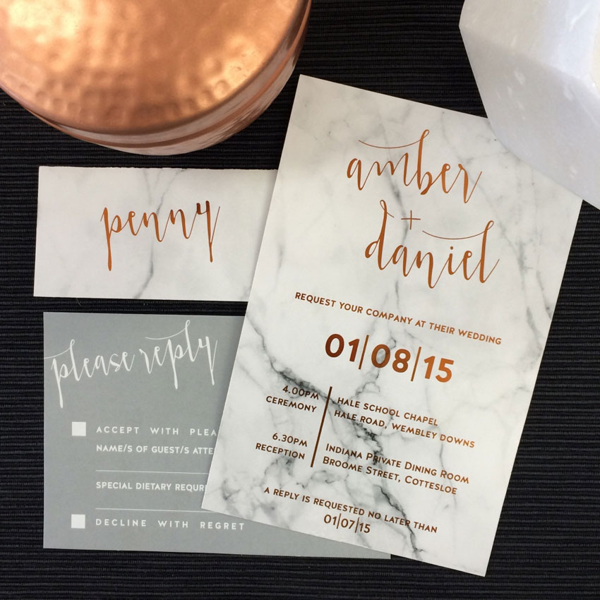copper marble wedding invitations