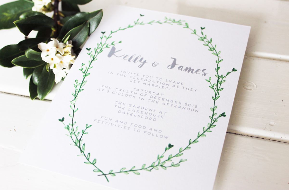 Hand painted invitations or stationary with tones of green set the scene for your guests. Image Paper and Style Co