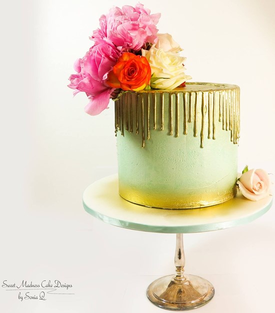 Peony, rose and chocolate gold drip cake. Image Sweet Madness Cake Designs