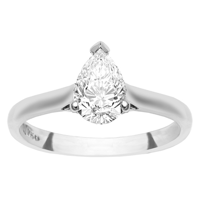 18ct white gold pear shaped solitaire. Image: Temelli Jewellery