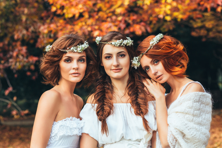 Three beautiful bride on a background of autumn forest