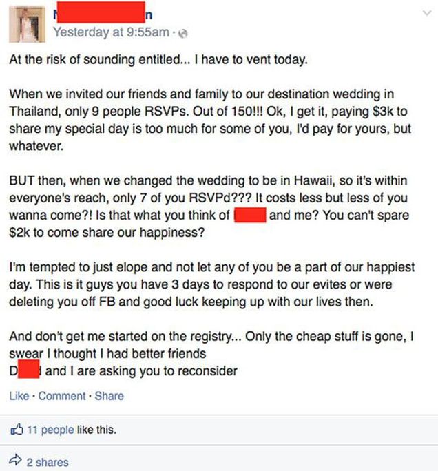 Bride rants about guests not wanting to pay US$3000 to attend her Thailand wedding
