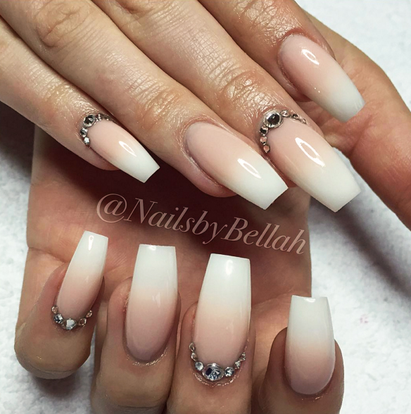 Nude white and swarovski nails