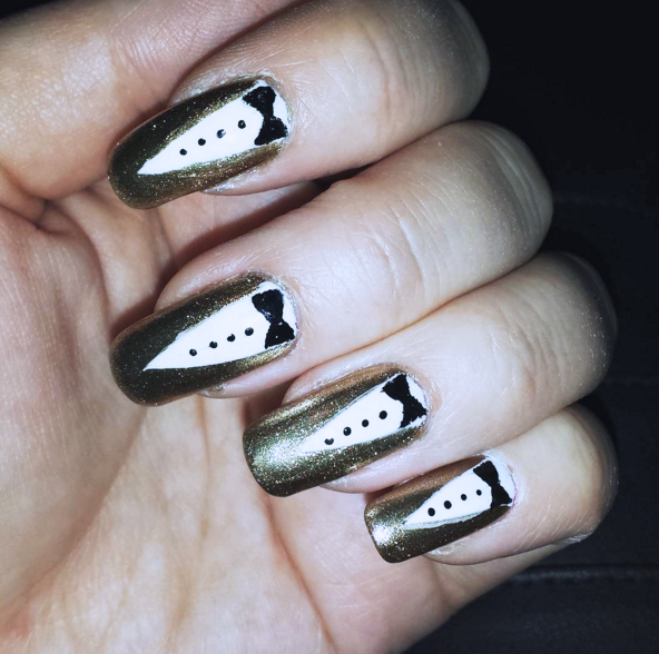 gold black and white tuxedo nails