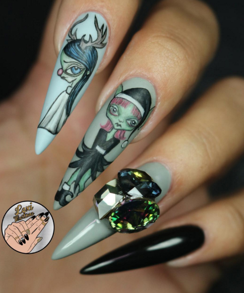 Illustrated and bejwelled fingernails