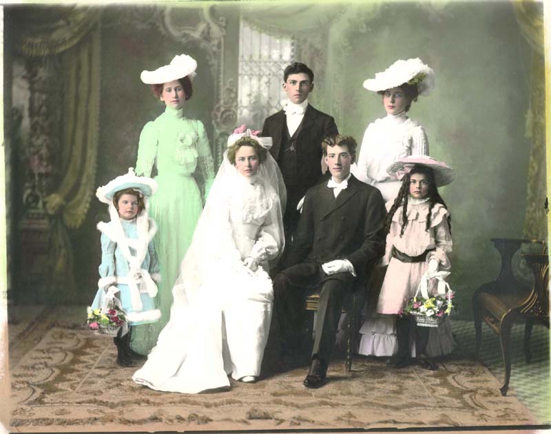 Taken in North Dakota, US, in 1903, little is know about this tinted photo of the J. Stewart wedding party. Image source: http://memory.loc.gov/cgi-bin/query/r?ammem/ngp:@field%28NUMBER+@band%28ndfahult+b451%29%29